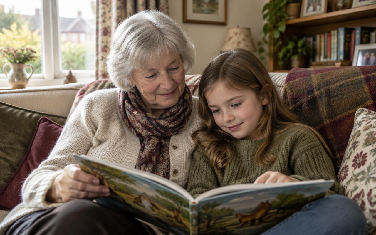 A grandmother and a young girl sitting close together on a sofa, reading a picture book.