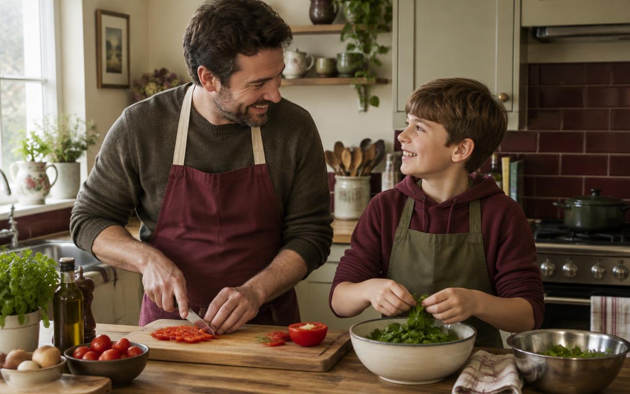 A father and his son cooking together side by side at a kitchen counter, smiling and chatting.