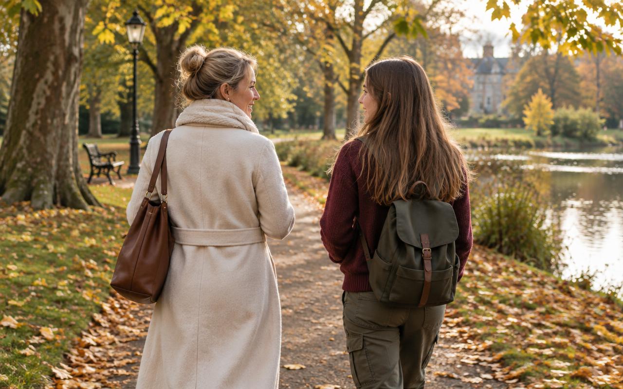 A mother and her teenage daughter walking side by side along an autumn park path, talking.