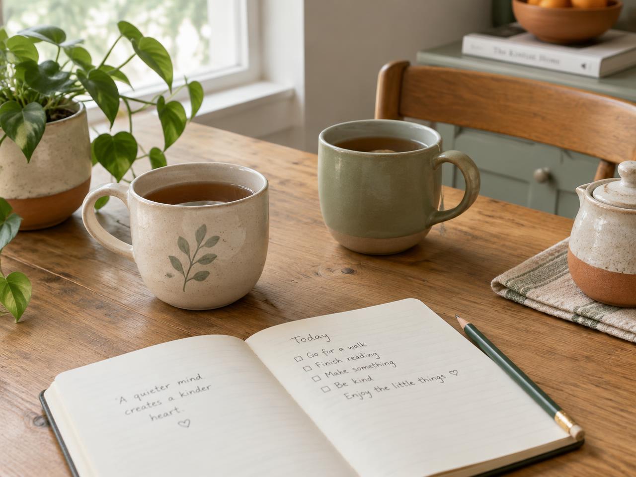 Two mugs of tea beside an open notebook on a kitchen table